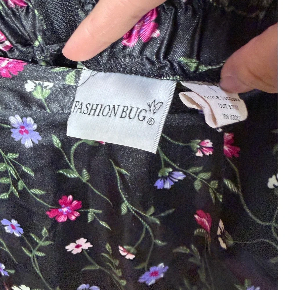 Vintage Fashion Bug Floral Satin Midi Skirt Black Pink Purple Plus 14W/16W USA